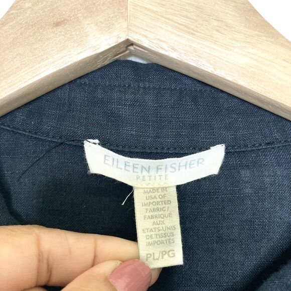 Eileen Fisher Organic Linen Oversized Button Down Shirt LP Asymmetrical Hem BLK - Picture 12 of 12